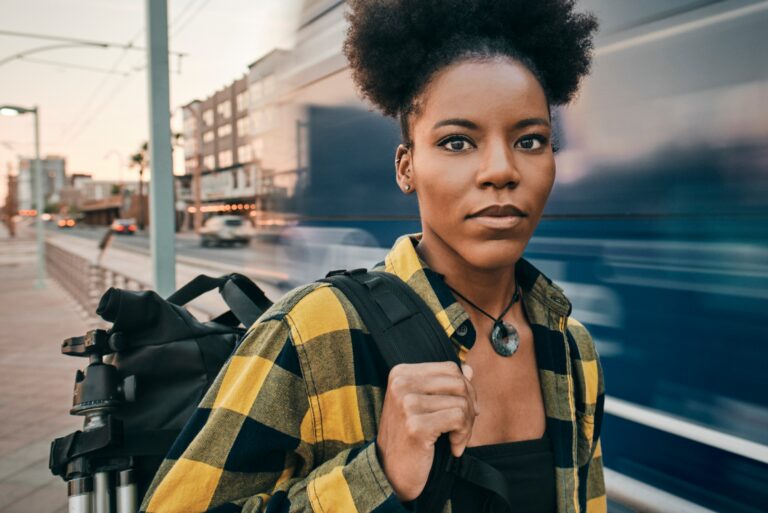 Woman Carrying Backpack City Street